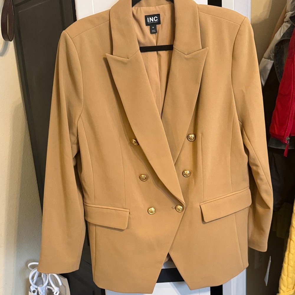 INC International Concepts Tan Double-Breasted Blazer with Gold Buttons